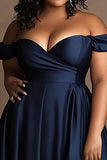 Plus Size Navy Satin Off The Shoulder Long Formal Dress with Slit