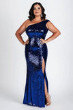 Sparkly Dark Blue Plus Size Long Formal Dress with Slit