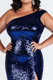 Sparkly Dark Blue Plus Size Long Formal Dress with Slit