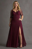 Plus Size Burgundy Half Sleeves Lace Long Formal Dress with Slit
