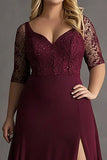 Plus Size Burgundy Half Sleeves Lace Long Formal Dress with Slit