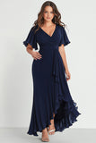Navy Chiffon V Neck Long Plus Size Midi Formal Dress
