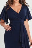 Navy Chiffon V Neck Long Plus Size Midi Formal Dress