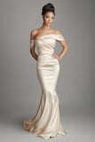 Mermaid Champagne Off The Shoulder Satin Long Formal Dress