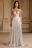 Glitter Silver A Line Spaghetti Straps Long Formal Dress