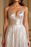 Glitter Silver A Line Spaghetti Straps Long Formal Dress