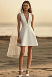 White A Line V-Neck Midi Wedding Dress