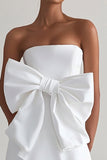 White A Line Ruffle Strapless Graduation Dress With Bow