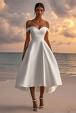 Satin Off The Shoulder Tea Length White Midi Wedding Dress