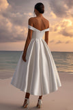 Satin Off The Shoulder Tea Length White Midi Wedding Dress