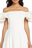 White Satin Off The Shoulder A Line Midi Graduation Dress