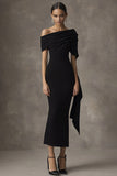 Mermaid Off the Shoulder Satin Black Tie Dress with Cape