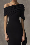 Mermaid Off the Shoulder Satin Black Tie Dress with Cape