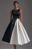 A Line Satin Scoop Neck Midi Black Tie Dress