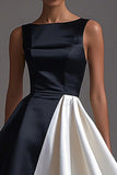 A Line Satin Scoop Neck Midi Black Tie Dress