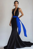 Mermaid V-Neck Black Tie Dress with Sash