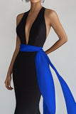 Mermaid V-Neck Black Tie Dress with Sash