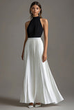 Halter A Line Pleated White Long Formal Dress