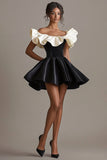 A Line Ruffled Satin Black Tie Dress