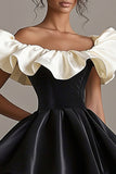 A Line Ruffled Satin Black Tie Dress