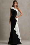 One Shoulder Mermaid Ruffled Black Tie Dress