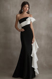 Mermaid One Shoulder Ruffled Black Tie Dress