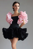 A Line Ruffled Square Neck Little Black Dress
