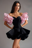 Off the Shoulder A Line Ruffled Black Tie Dress