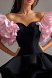 Off the Shoulder A Line Ruffled Black Tie Dress