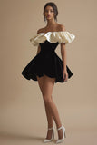 Off the Shoulder A Line Ruffled Black Little Black Dress