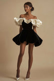 Off the Shoulder A Line Ruffled Velvet Black Tie Dress