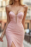 Pink Lace Sheath Sweetheart Appliques Prom Dress with Slit