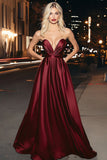 A Line Burgundy Sweetheart Ruched Long Prom Dress