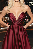 A Line Burgundy Sweetheart Ruched Long Prom Dress