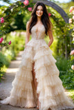 Champagne Tulle A Line Tiered Appliques Prom Dress with Slit