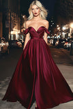 Burgundy Satin A Line Ruched Off the Shoulder Prom Dress