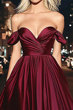 Burgundy Satin A Line Ruched Off the Shoulder Prom Dress