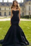 Black Satin Mermaid Strapless Prom Dress with Beading