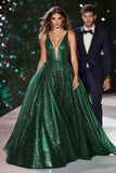 Glitter Fabric Dark Green A Line V Neck Prom Dress