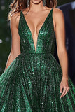 Glitter Fabric Dark Green A Line V Neck Prom Dress
