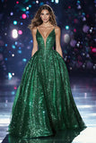 Glitter Dark Green A Line Spaghetti Straps Prom Dress