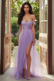 Lilac Off the Shoulder A Line Ruched Long Prom Dress