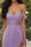 Lilac Off the Shoulder A Line Ruched Long Prom Dress