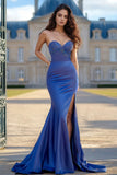 Royal Blue Satin Sheath Strapless Lace Appliqued Prom Dress