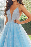 Glitter Sky Blue A Line Spaghetti Straps Sweep Train Prom Dress