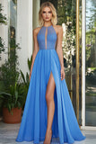 Light Blue Halter A Line Sweep Train Prom Dress with Slit