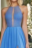 Light Blue Halter A Line Sweep Train Prom Dress with Slit