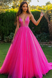 Glitter Fuchsia Spaghetti Straps A Line Prom Dress