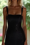 Black Spaghetti Straps A Line Square Neck Long Prom Dress
