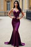 Mermaid Plum Satin Spaghetti Straps Long Prom Dress